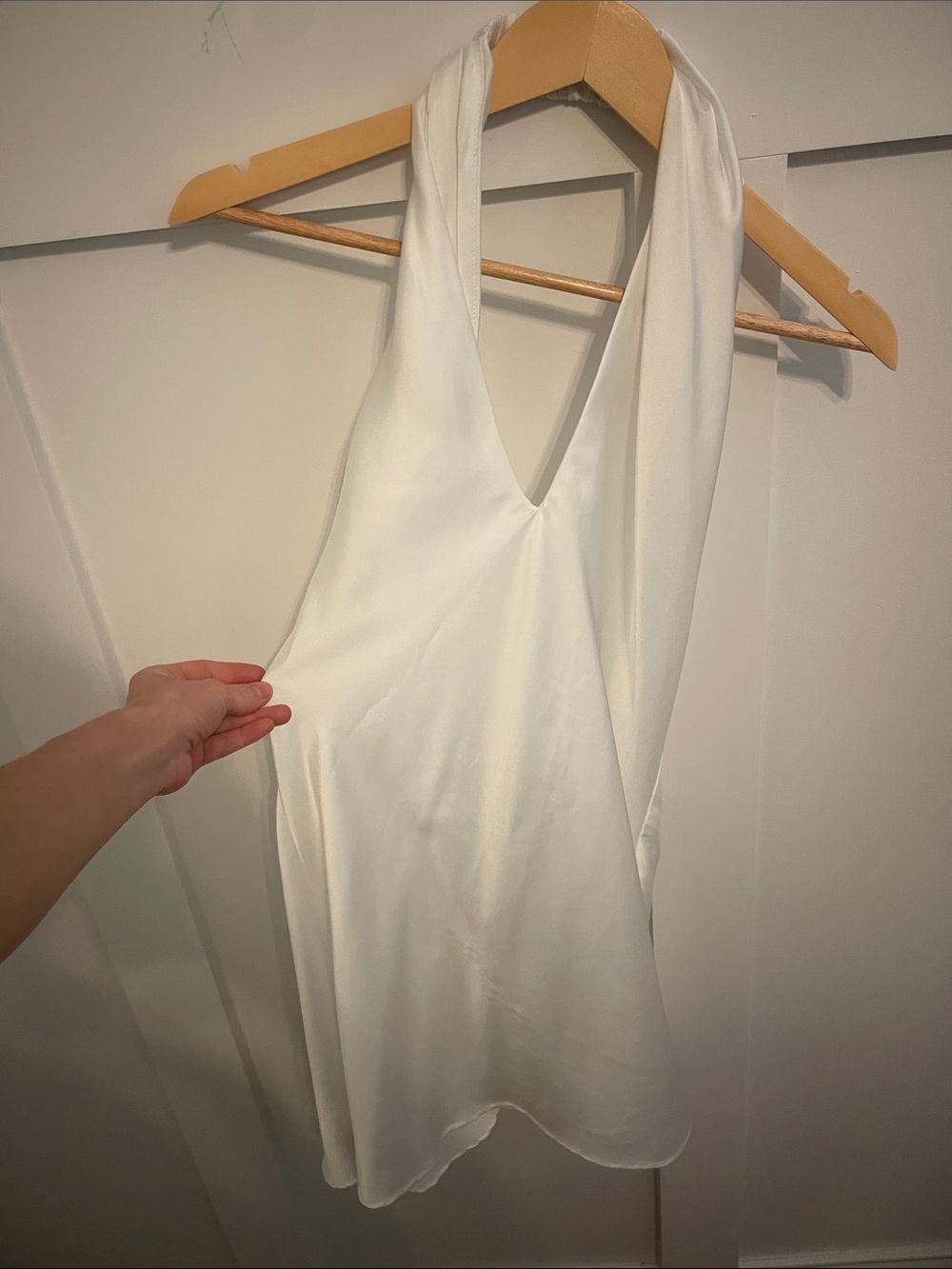 White Halter V-Neck Satin Top